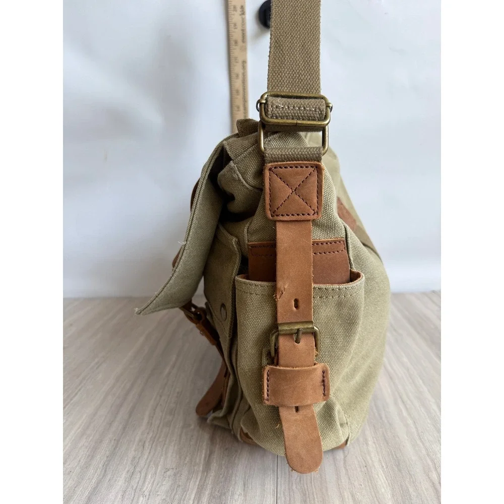 Sechunk Messenger Bag Olive Green Canvas Leather Trim Vintage Military Travel